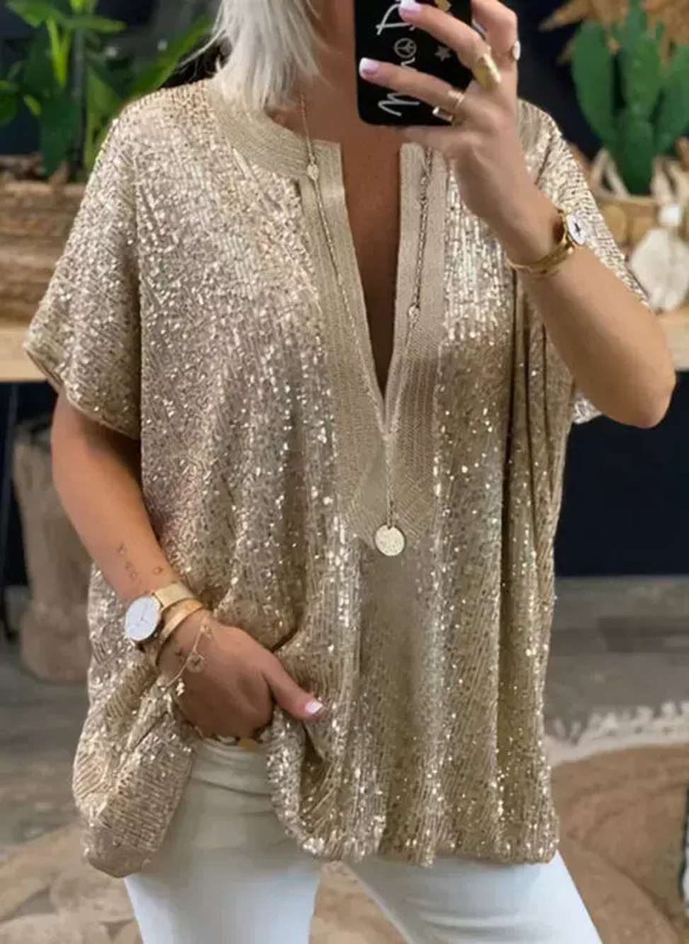 Zara Loose Fit Sequin Collar Short Sleeve Casual Shirt Bright Color